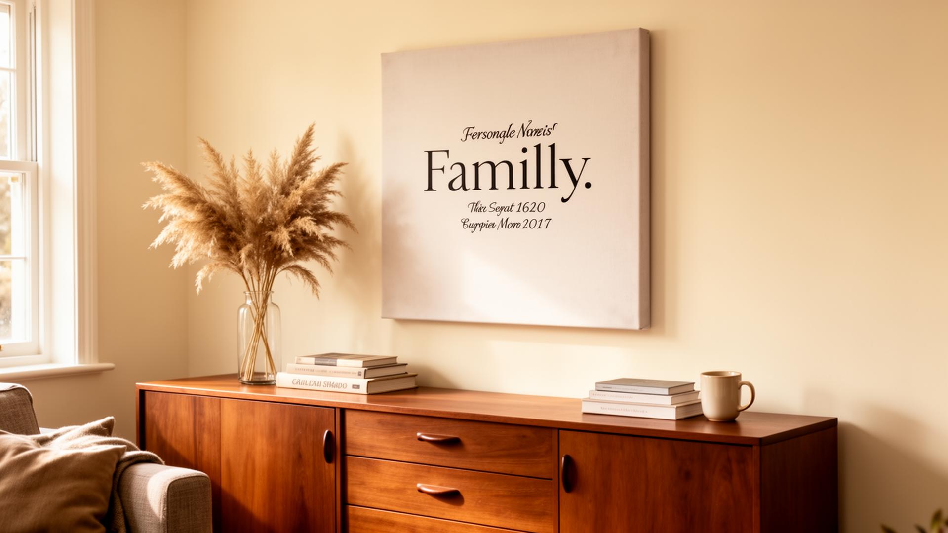 Personalised family canvas print hanging in a warm living room